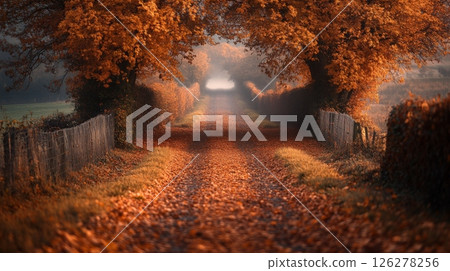 A serene dirt path stretches into the distance, bordered by trees adorned with bright orange leaves, creating a peaceful autumn atmosphere. 126278256