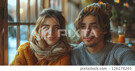 A young couple smiles at the camera while sitting near a window in a cozy cafe. A young couple smiles at the camera while sitting near a window in a cozy cafe. 126278265