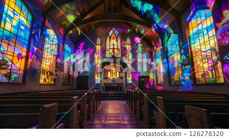 A church interior with stained glass windows casting colorful light on the pews. 126278320