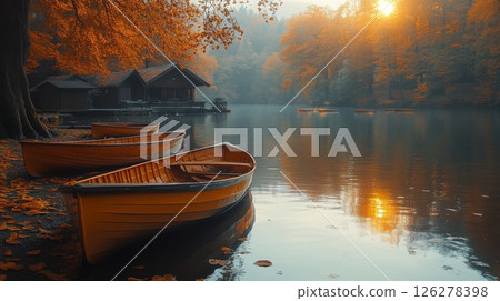 As the sun sets, warm golden light reflects off the tranquil water, highlighting wooden boats anchored at a lakeside retreat, surrounded by colorful autumn trees. 126278398