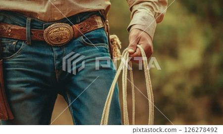 A cowboy stands confidently, gripping a lasso with one hand, showcasing his attire amidst a natural landscape as the sun sets in the background. 126278492