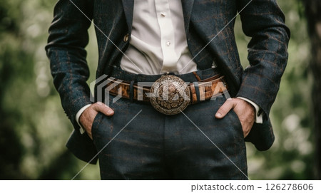A man wearing a tailored suit and a decorative silver belt buckle stands confidently outdoors, with hands in pockets. 126278606