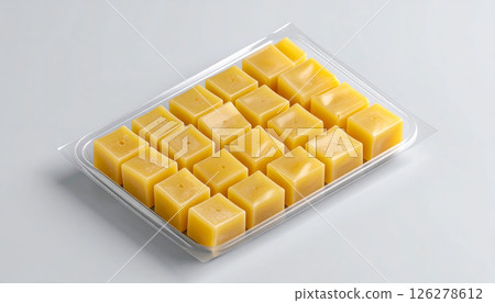 A clear plastic tray filled with small, uniform yellow square blocks, likely candy or wax melts, arranged neatly on a light background. 126278612