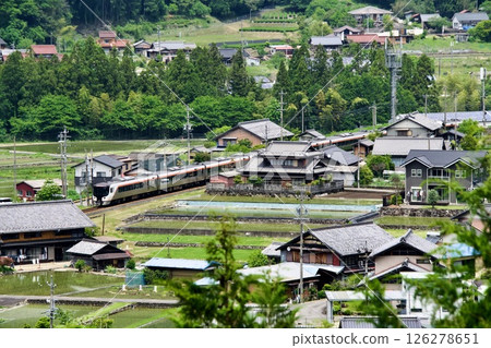 View of the Hida Express (HC85 series) running on the Takayama Line from the Nohara Castle ruins View of the Hida Express (HC85 series) running on the Takayama Line from the Nohara Castle ruins 126278651