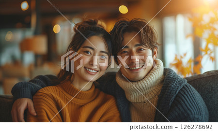 A young couple in cozy sweaters smile warmly at the camera while sitting inside a cafe setting. A young couple in cozy sweaters smile warmly at the camera while sitting inside a cafe setting. 126278692