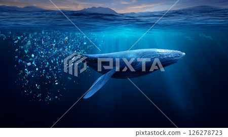 A whale swims in the ocean with plastic against the background of an ecological catastrophe. Concept of pollution of nature and the environment. Call for urgent action to protect the environment and 126278723