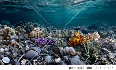 Plastic trash in the ocean. Environmental pollution. Ecological disaster, plastic trash. 126278727