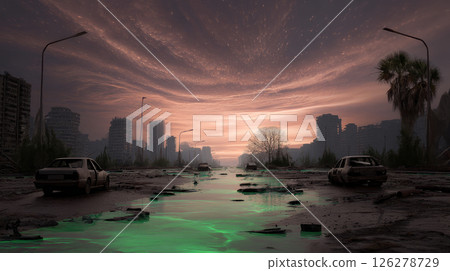 Abandoned broken rusty car without wheels on the street . Concept of pollution of nature environment. Call for urgent action to protect the environment and waste disposal. Abandoned broken rusty car without wheels on the street . Concept of pollution of nature environment. Call for urgent action to protect the environment and waste disposal. 126278729