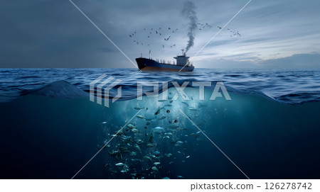 Oil spill from ship, oil spill pollution, contaminated water, human-induced surface water pollution. industrial chemical pollution. oil spill at sea. petroleum products. 126278742