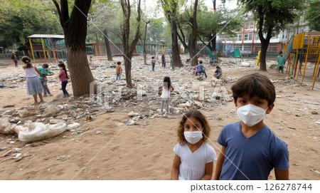Plastic pollution of the ocean. Children playing among garbage on the playground. Ecological problem, plastic trash. Say no to plastic. Single-use plastic waste 126278744