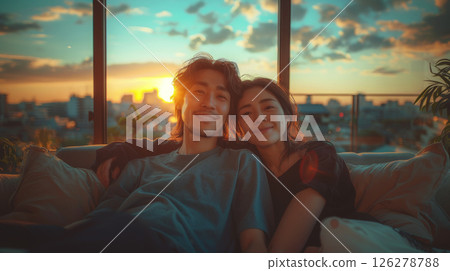 A couple sits on a couch together, smiling at the camera, with the setting sun visible through a window behind them. 126278788