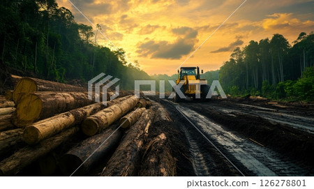 A logging machine works diligently at dusk, surrounded by freshly cut logs in a deforested tropical rainforest. 126278801