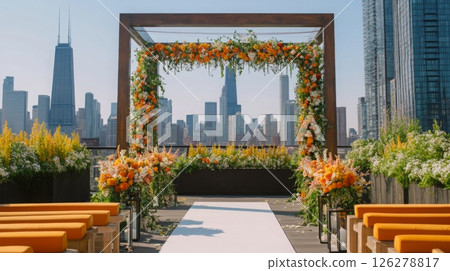A beautifully decorated rooftop wedding venue features vibrant flowers and seating, with a stunning city skyline backdrop against a clear blue sky. 126278817