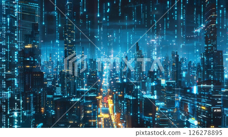 A digital rain falls over a futuristic cityscape with glowing skyscrapers and neon lights. 126278895