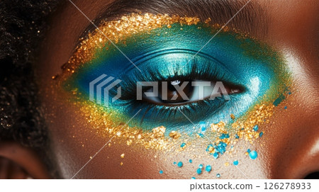 A close-up showcasing striking eye makeup with vibrant blue and gold hues. The eye is adorned with sparkling accents, creating an artistic and bold look, perfect for a creative event or photoshoot. 126278933