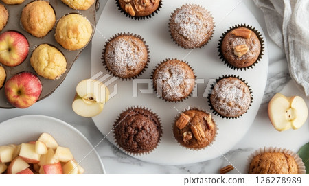 A variety of freshly baked apple muffins are arranged on a marble surface, accompanied by sliced apples and mini corn muffins. 126278989