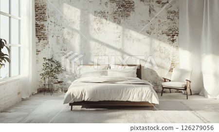 A serene bedroom features a comfortable wooden bed with soft linens, an armchair beside a large window, and rustic brick walls. Sunlight streams in, creating a peaceful and inviting atmosphere. 126279056