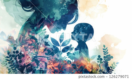 A painting depicting a woman cradling a child in her arms, capturing a tender moment between mother and child. 126279071