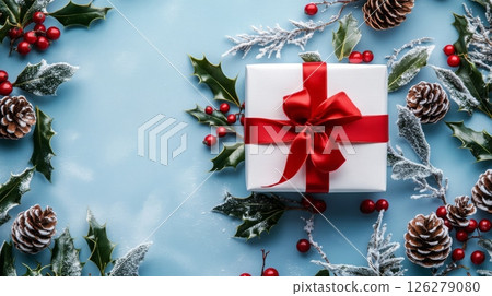 A white gift box with a red bow sits on a blue background. The box is surrounded by holly leaves and red berries. There are also pine cones and sprigs of frosted greenery on the background. 126279080