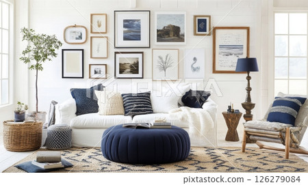 A bright and inviting living area features a white sofa adorned with navy and cream cushions, surrounded by various framed artworks on the wall 126279084