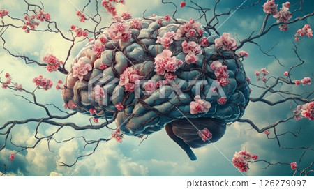 Blossoming cherry trees intertwine with a vibrant brain, symbolizing creativity and growth under a twilight sky filled with soft clouds. The scene evokes a sense of wonder and contemplation. 126279097