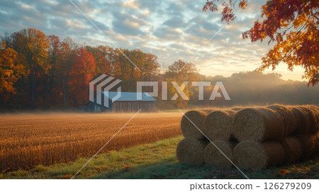 Early morning light bathes a peaceful farm in autumn hues, highlighting a weathered barn and hay bales amidst vibrant fall foliage and mist. 126279209