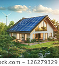 Modern eco-friendly house with solar panels in a bright and optimistic mood, showcasing renewable energy and sustainable living in a lush garden background [with room for copying] 126279329