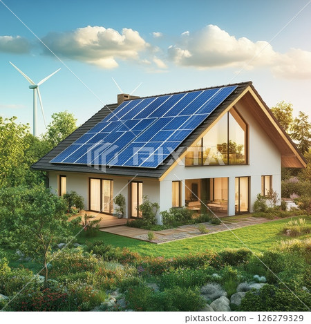 Modern eco-friendly house with solar panels in a bright and optimistic mood, showcasing renewable energy and sustainable living in a lush garden background [with room for copying] 126279329