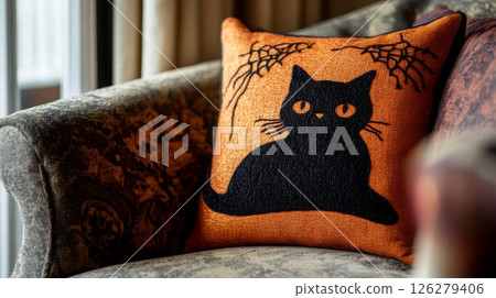 A decorative pillow featuring a black cat design rests on a beautifully patterned sofa, adding warmth and charm to the living space during the autumn season. 126279406
