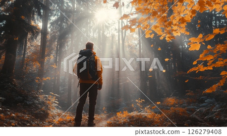 A person stands on a forest path surrounded by autumn foliage, where sunlight breaks through the trees, creating a serene atmosphere perfect for reflection and adventure in nature. A person stands on a forest path surrounded by autumn foliage, where sunlight breaks through the trees, creating a serene atmosphere perfect for reflection and adventure in nature. 126279408