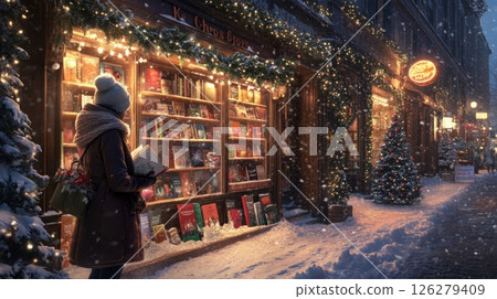 In a winter wonderland, a woman stands in front of a charming bookshop, admiring the festive book display illuminated by warm lights. 126279409