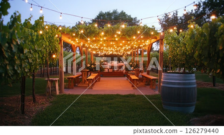 Couples celebrate amidst lush grapevines with elegant seating and warm lights, creating a romantic atmosphere at twilight. 126279440
