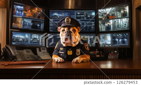 A bulldog in a police uniform sits at a control center surrounded by multiple screens displaying surveillance footage, focused on monitoring activities. The atmosphere is professional and alert. A bulldog in a police uniform sits at a control center surrounded by multiple screens displaying surveillance footage, focused on monitoring activities. The atmosphere is professional and alert. 126279453