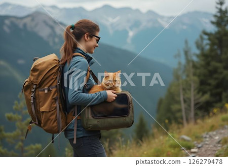 Traveler and Cat Exploring Nature Together 126279478