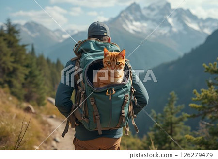 Backpacker with Cat on Mountain Trail 126279479