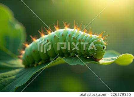 Plump Green Caterpillar on Vibrant Leaf 126279530
