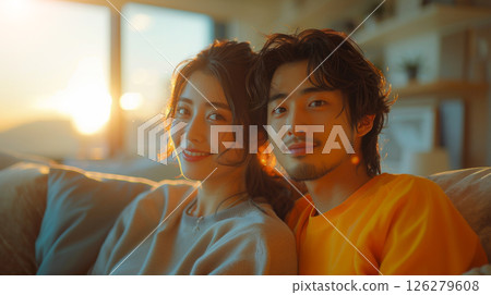 A young couple sits on a couch, smiling at the camera as the sun sets outside the window. 126279608