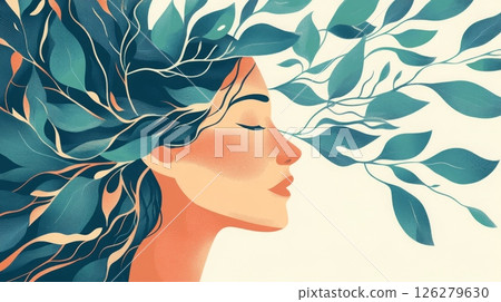 The illustration depicts a woman's profile with closed eyes, her hair flowing around her head, and leafy branches and leaves swirling around her, as if she's breathing in the scent of nature 126279630