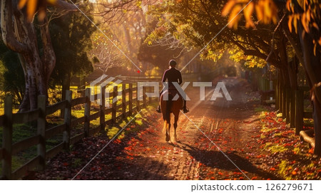 A rider on horseback travels down a scenic, leaf-covered path surrounded by trees illuminated by warm sunset light. 126279671
