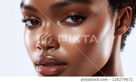 A woman with radiant skin and minimal makeup is captured in a soft lighting setting. Her smile and glowing complexion highlight her natural beauty and confidence. 126279672