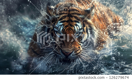 A tiger bursts from the water, its fur glistening with droplets. Its intense gaze is fixed on the viewer. 126279674