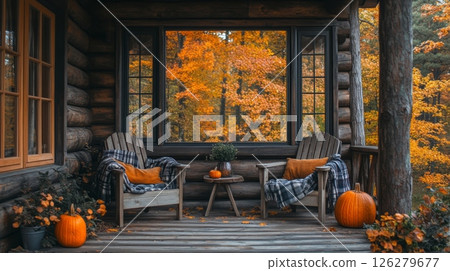 A log cabin porch features two comfortable chairs adorned with blankets and cushions, accompanied by pumpkins, set against brilliant autumn trees. 126279677
