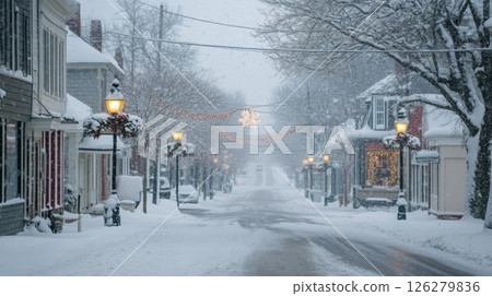 A serene village street is coated in fresh snow, with snowflakes gently falling. Streetlights illuminate the path, and charming decorations add a festive touch, creating a tranquil winter wonderland. 126279836