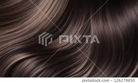A close-up view of beautifully styled hair featuring shiny, flowing strands with a natural wave. The rich color variation enhances the visual appeal in soft, warm lighting. 126279850