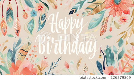 A vibrant greeting card features a hand-lettered message celebrating a birthday, surrounded by colorful flowers and foliage. A vibrant greeting card features a hand-lettered message celebrating a birthday, surrounded by colorful flowers and foliage. 126279869