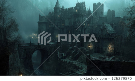 A stone bridge arches over a narrow waterway, leading to a large, imposing medieval castle in the distance 126279870