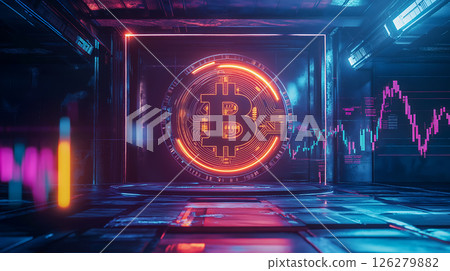 A graphic depicting the glowing Bitcoin virtual currency A graphic depicting the glowing Bitcoin virtual currency 126279882