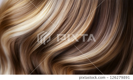 Luxurious strands of hair display a stunning blend of brown and blonde tones, accentuated by soft waves. The highlights create depth and dimension, catching light for an elegant appearance. 126279891