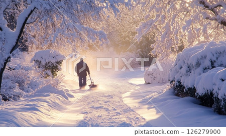 In a tranquil winter setting, an individual pushes a snow shovel along a snow-covered path surrounded by frosted trees. Soft sunlight filters through the branches, creating a peaceful atmosphere. In a tranquil winter setting, an individual pushes a snow shovel along a snow-covered path surrounded by frosted trees. Soft sunlight filters through the branches, creating a peaceful atmosphere. 126279900
