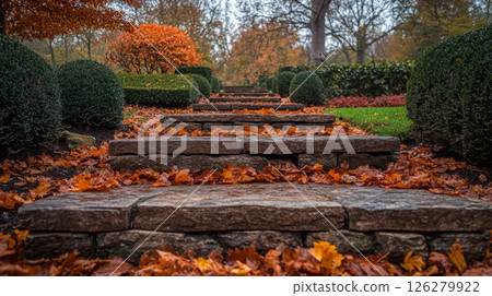 A serene pathway made of stone steps leads through a garden, adorned with colorful autumn leaves and manicured greenery, evoking a sense of peacefulness. 126279922